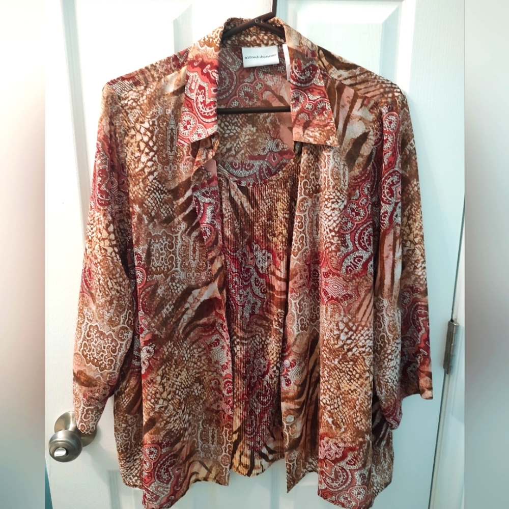 Alfred Dunner Red and Brown Buttoned Jacket with Inner Tank Size 14